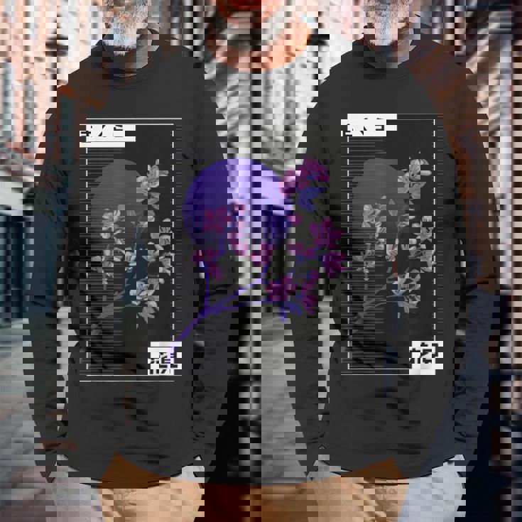 Japanese Cherry Blossom Vaporwave Aesthetic Retro Graphic Long Sleeve T-Shirt Gifts for Old Men