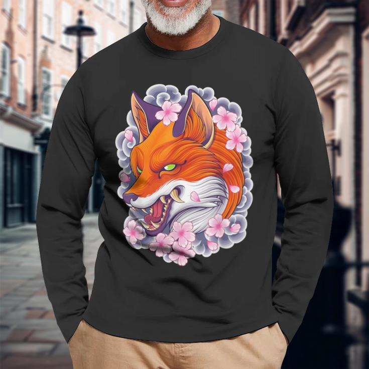 Japanese Fox Aesthetic Fox Sakura Anime Kitsune Long Sleeve T-Shirt Gifts for Old Men