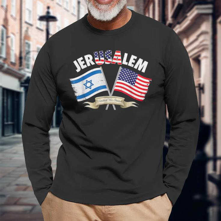 Jerusalem United We Stand Israel United States Of American Long Sleeve T-Shirt Gifts for Old Men