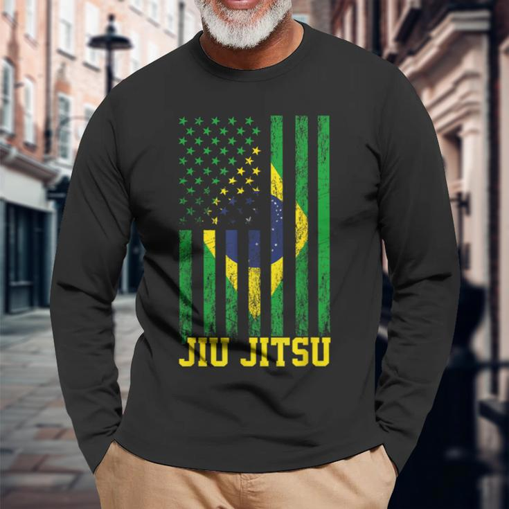 Jiu Jitsu Brazilian Bjj Brazil United States Flag Brazilian Long Sleeve T-Shirt Gifts for Old Men