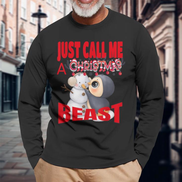 Just Call A Christmas Beast With Cute Penguin And Snowman Long Sleeve T-Shirt Gifts for Old Men