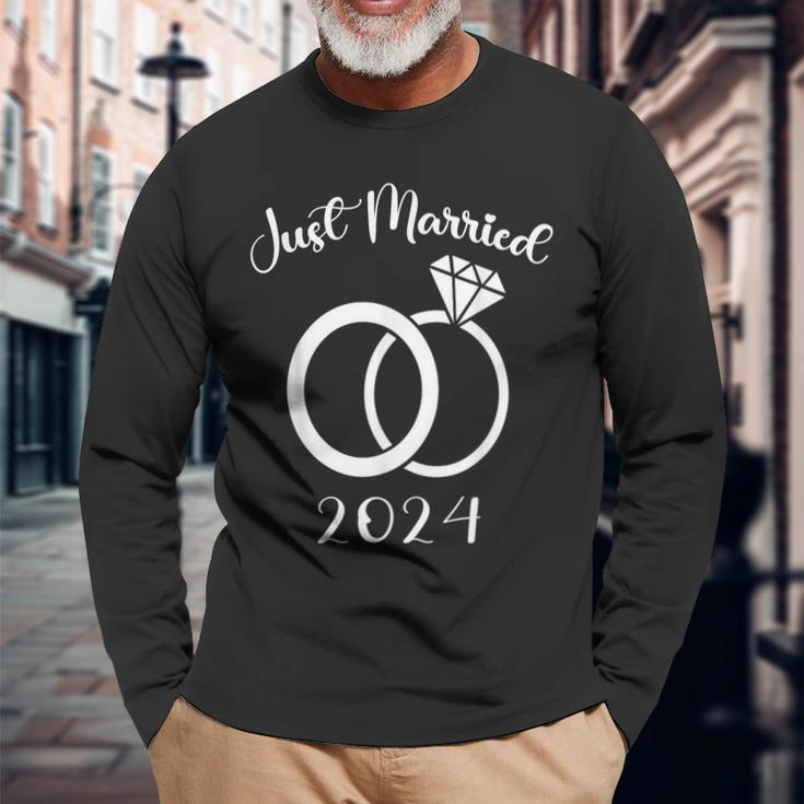 Just Married 2024 Wedding Rings Matching Couple Newlyweds Long Sleeve T-Shirt Gifts for Old Men