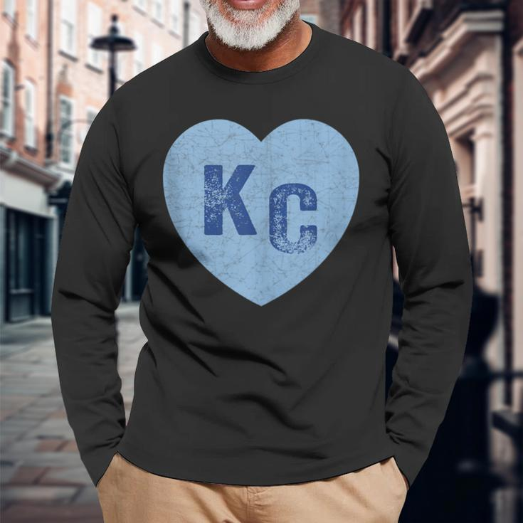 Kansas City Heart Kc Hearts I Love Kc Letters Blue Vintage Long Sleeve T-Shirt Gifts for Old Men