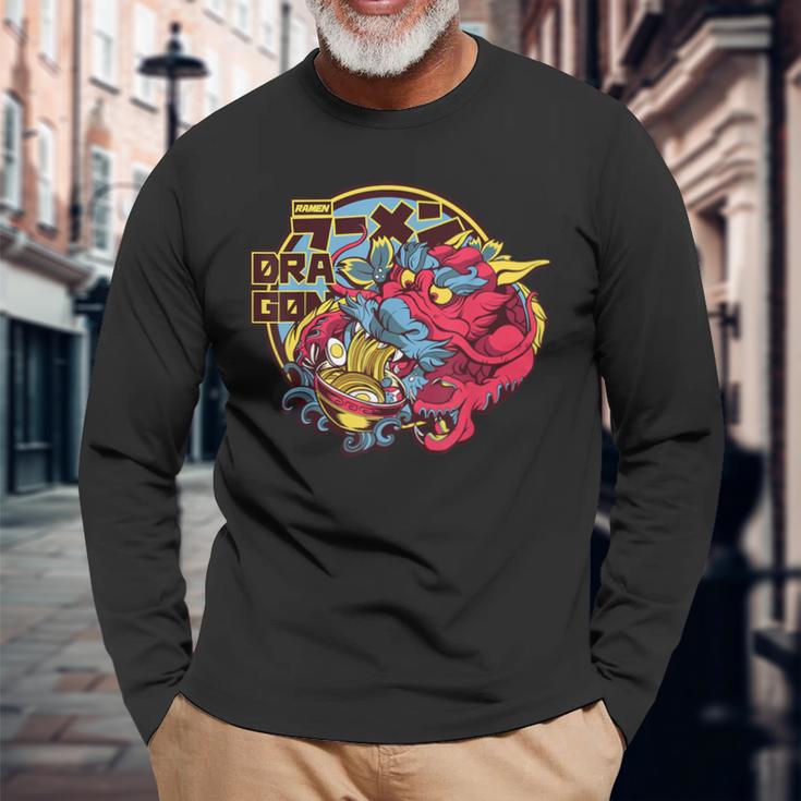 Kawaii Dragon Eating Ramen Japanese Soup Boys Men Long Sleeve T-Shirt Gifts for Old Men