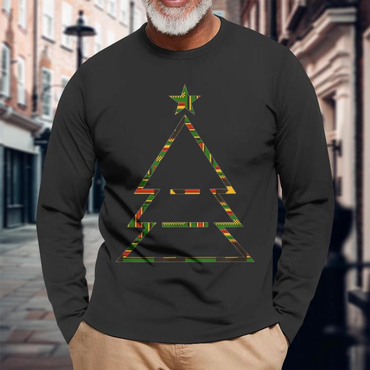 Kente Pattern Green Christmas Tree Xmas African Style Long Sleeve T-Shirt Gifts for Old Men
