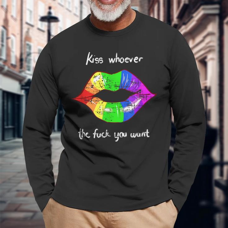 Kiss Whoever The Fuck You Want Vintage Lgbt Rainbow Long Sleeve T-Shirt Gifts for Old Men