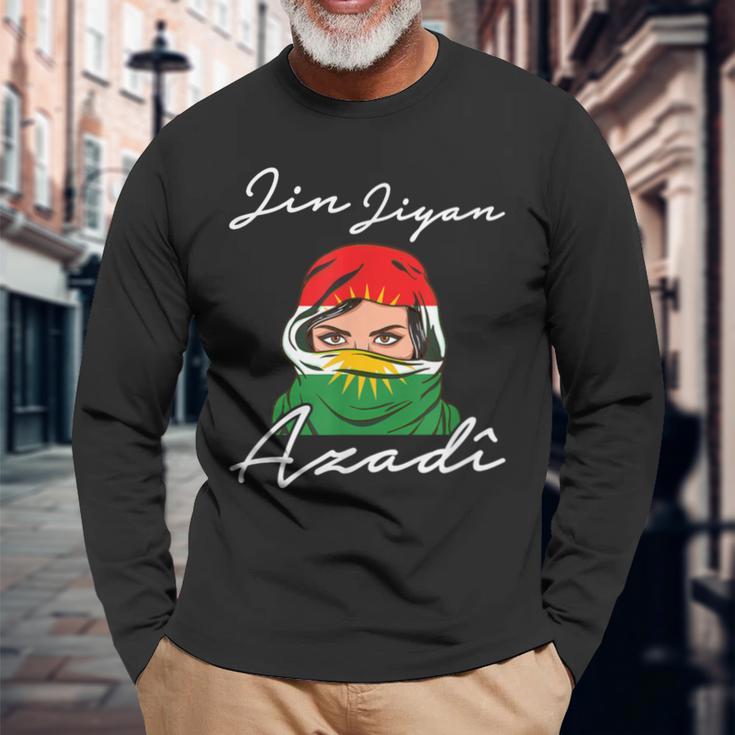 Kurdistan Flag Kurdish Jin Jiyan Azadi Black Langarmshirts Geschenke für alte Männer
