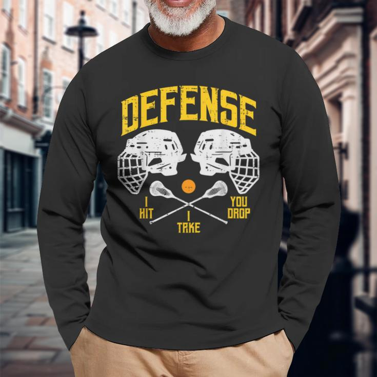 Lacrosse Defense I Hit Take You Drop Lax Player Boys Long Sleeve T-Shirt Gifts for Old Men