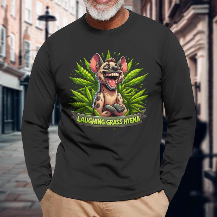 Laughing Grass Hyena Weed Leaf Cannabis Marijuana Stoner 420 Long Sleeve T-Shirt Gifts for Old Men