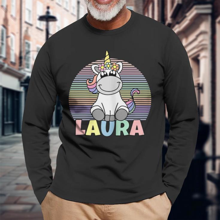 Laura Name Vorname Einhorn Regenbogen Personalisiert Langarmshirts Geschenke für alte Männer