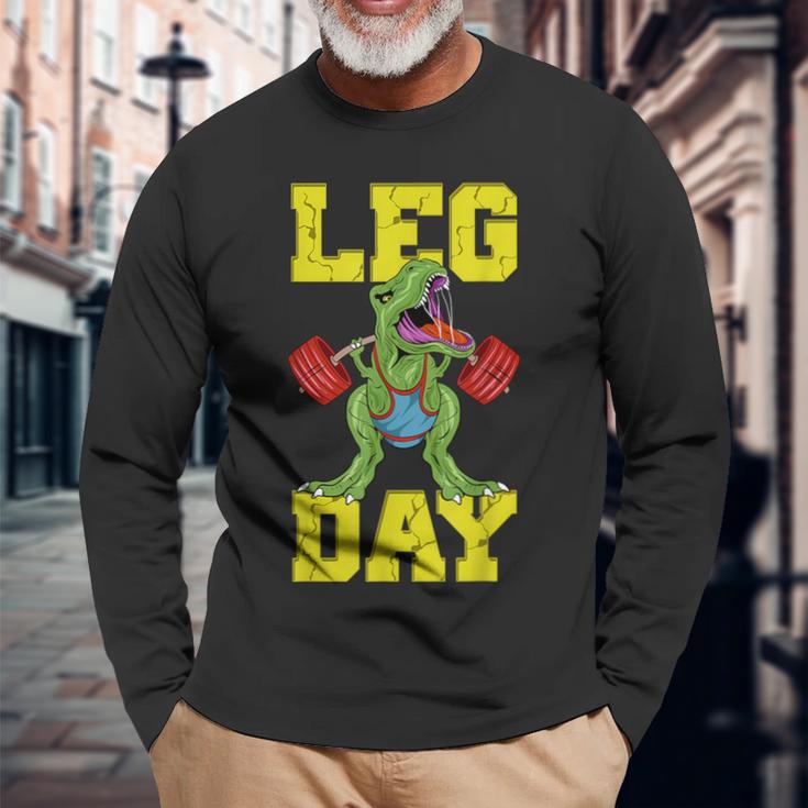 Leg Day Dinosaur Weight Lifter Barbell Training Squat Long Sleeve T-Shirt Gifts for Old Men