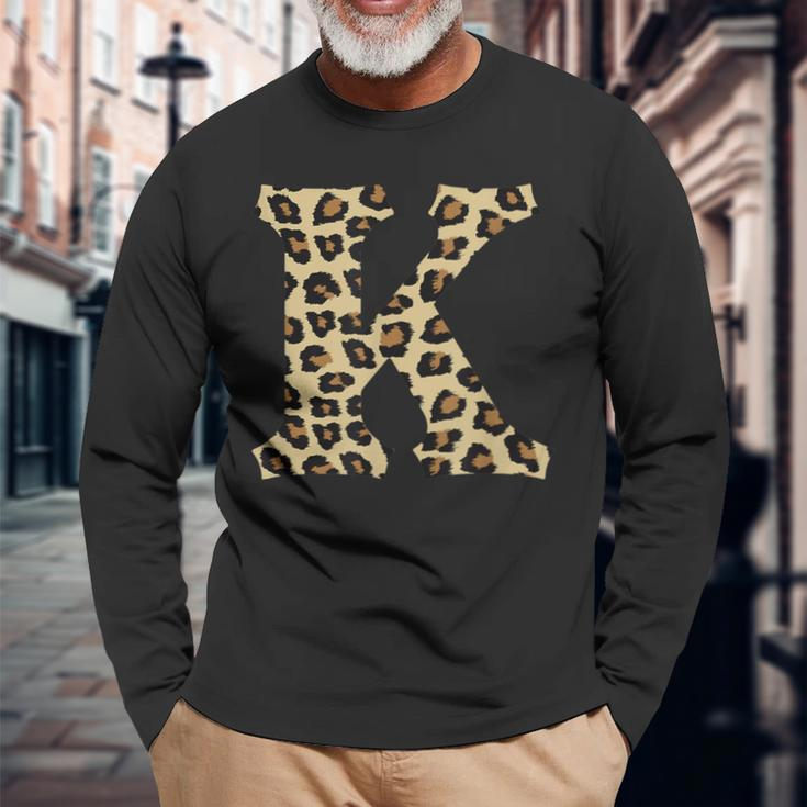 Leopard Cheetah Print Letter K Initial Rustic Monogram Long Sleeve T-Shirt Gifts for Old Men