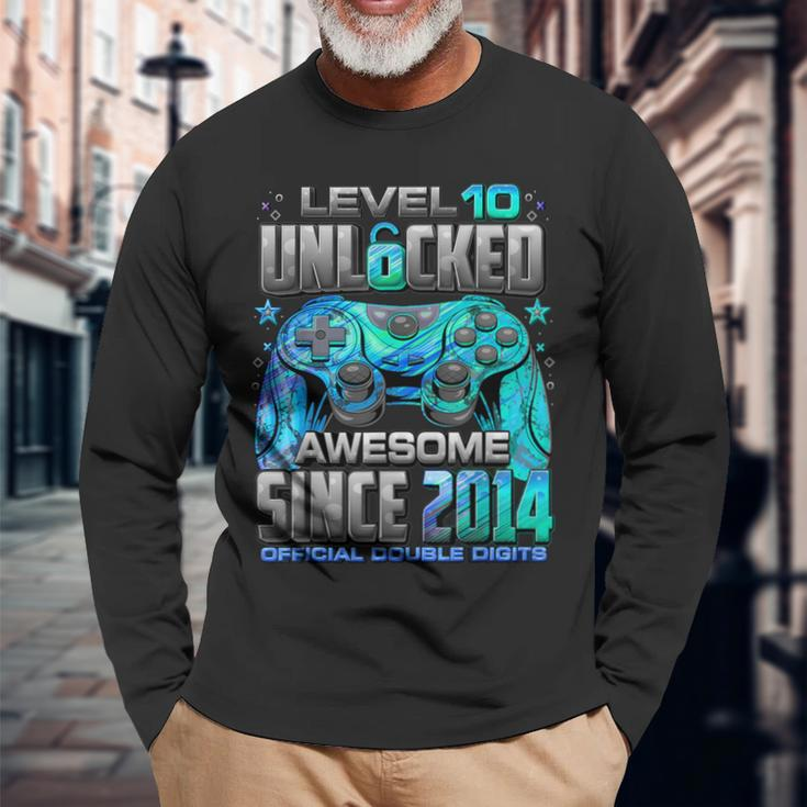 Level 10 Unlocked Awesome Since 2014 10Th Birthday Gaming Long Sleeve T-Shirt Gifts for Old Men