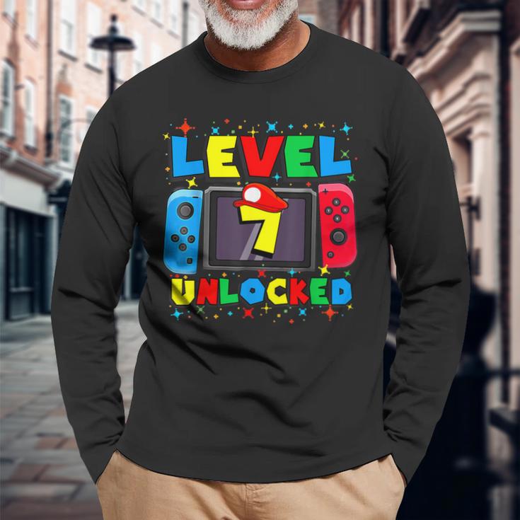 Level 7 Unlocked Gamer 7Th Birthday Video Game 7Yr Boys Long Sleeve T-Shirt Gifts for Old Men