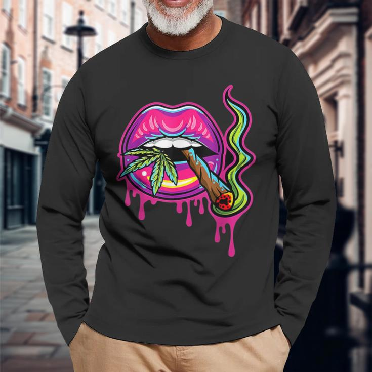 Lips Sexy Smoker Blunt Weed Th Marijuana Leaf 420 Long Sleeve T-Shirt Gifts for Old Men