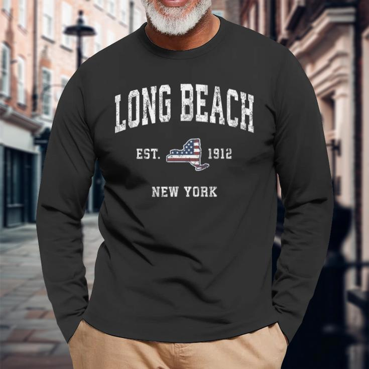 Long Beach New York Ny Vintage American Flag Sports Long Sleeve T-Shirt Gifts for Old Men