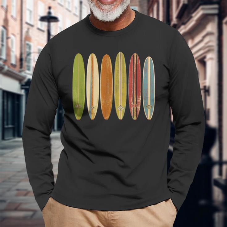 Longboard Surfboards Vintage Retro Style Surfing Long Sleeve T-Shirt Gifts for Old Men