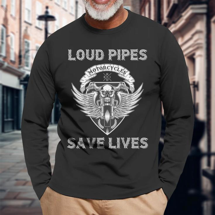Loud Pipes Save Lives Motorcycle Skull Wing On Back Long Sleeve T-Shirt Gifts for Old Men