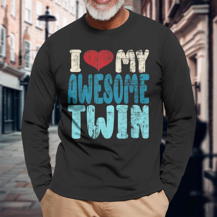 I Love My Awesome Twin Twins Brothers Matching Distressed Long Sleeve T-Shirt Gifts for Old Men