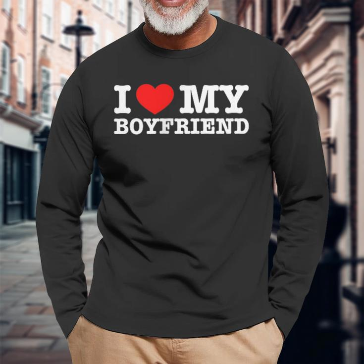 I Love My Boyfriend Pocket Graphic Matching Couples Long Sleeve T-Shirt Gifts for Old Men