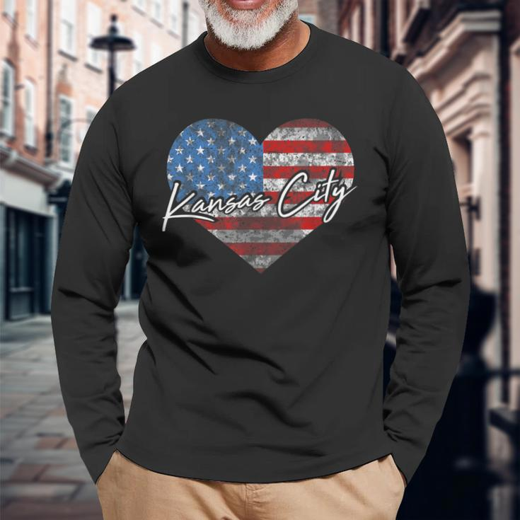 I Love Kansas City American Flag Heart Souvenir Long Sleeve T-Shirt Gifts for Old Men