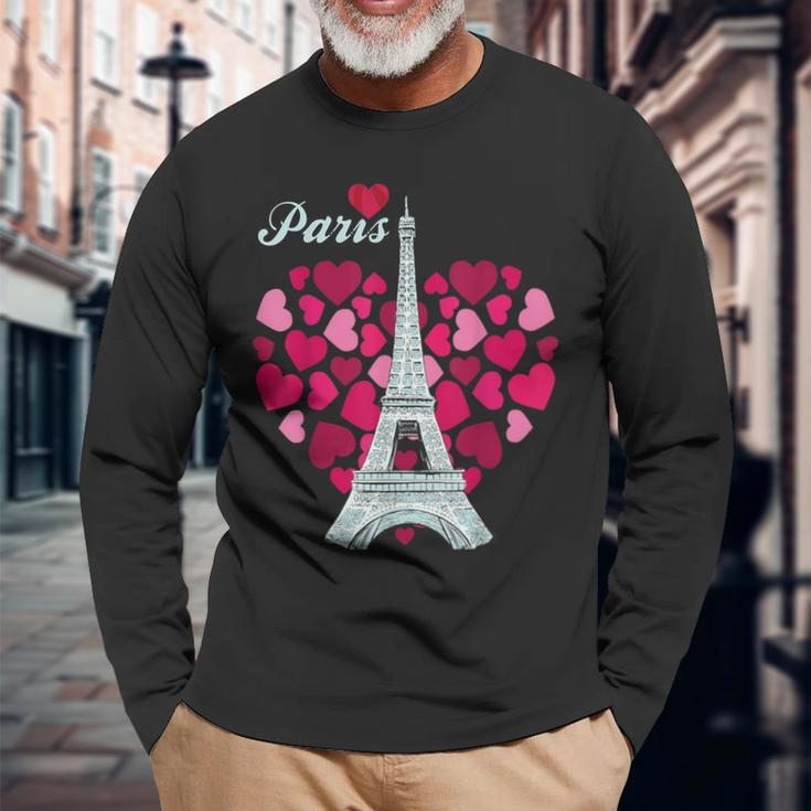 Love Paris Heart Eiffel Tower Souvenir France French Love Long Sleeve T-Shirt Gifts for Old Men