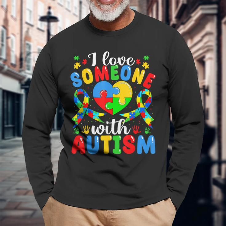 I Love Someone With Autism Awareness Heart Puzzle Pieces Long Sleeve T-Shirt Gifts for Old Men
