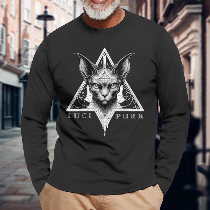 Lucipurr Lucifer Katze Okkulte Sphynx Satanic Atheist Satanismus Langarmshirts Geschenke für alte Männer