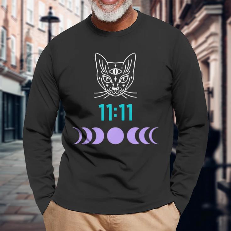 Manifestation Cat And Moon Phase 11 11 Eleven Eleven Purple Long Sleeve T-Shirt Gifts for Old Men