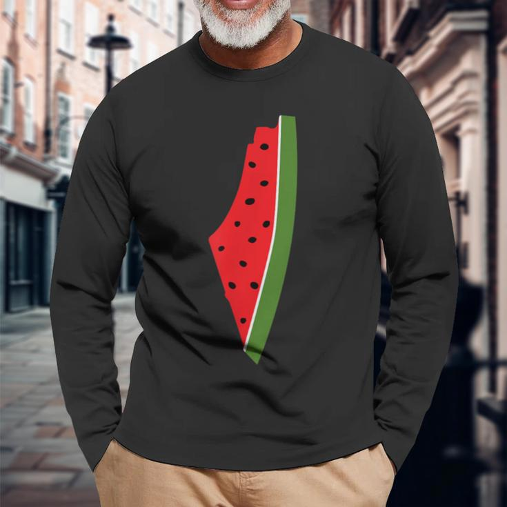 Map Of Palestine Watermelon Free Palestine Map Watermelon Long Sleeve T-Shirt Gifts for Old Men