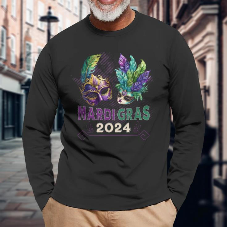 Mardi Gras 2024 Jester Feather Masks Carnival Parade Party Long Sleeve T-Shirt Gifts for Old Men