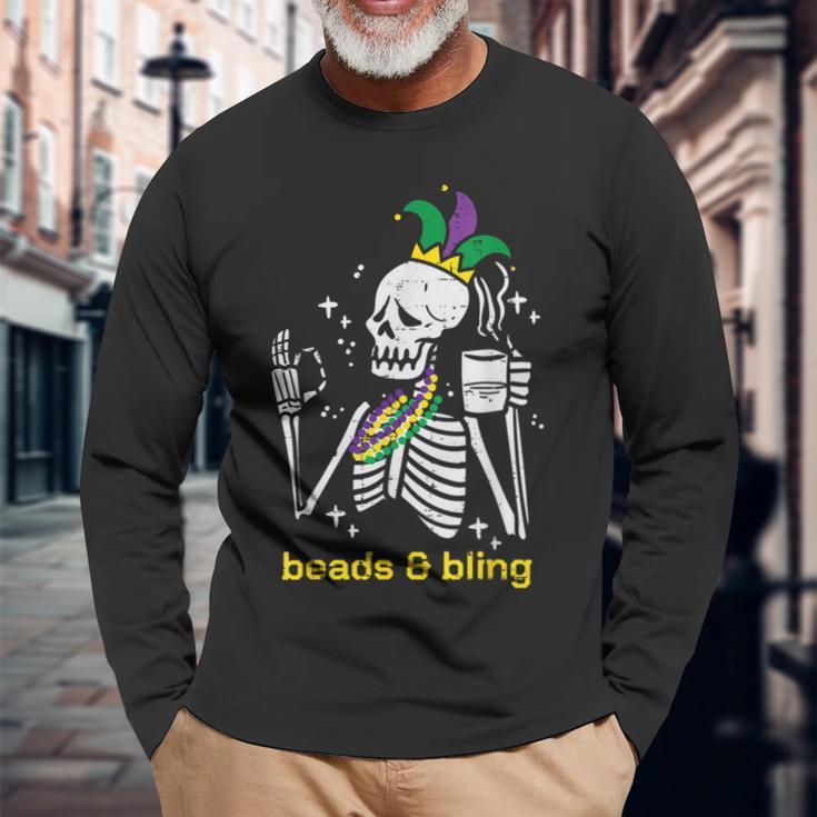 Mardi Gras Skeleton Beads Bling Outfit Women Long Sleeve T-Shirt Gifts for Old Men