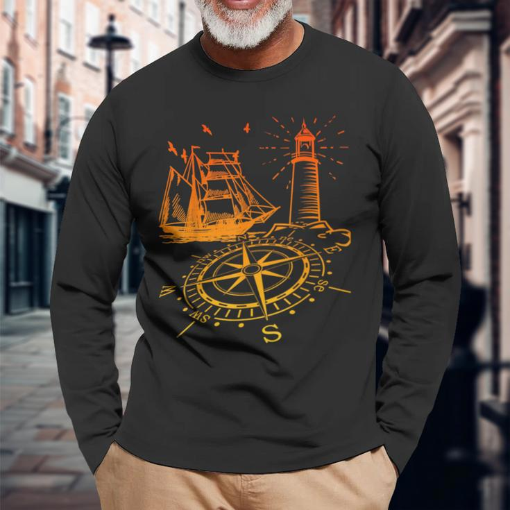Maritim Leuchtturm Kompass Segelschiff Norden Langarmshirts Geschenke für alte Männer