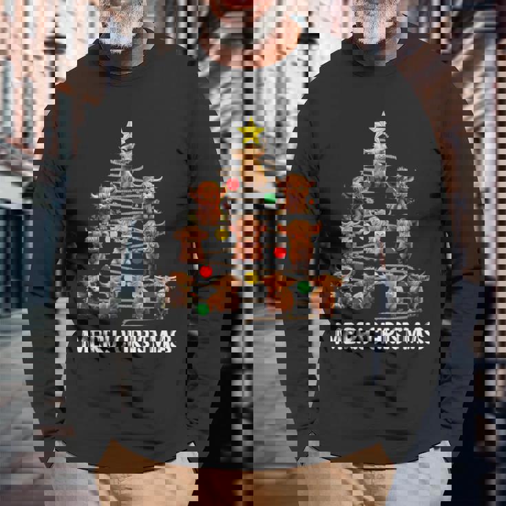 Merry Christmas Highland Cow Western Xmas Tree Pajama Long Sleeve T-Shirt Gifts for Old Men
