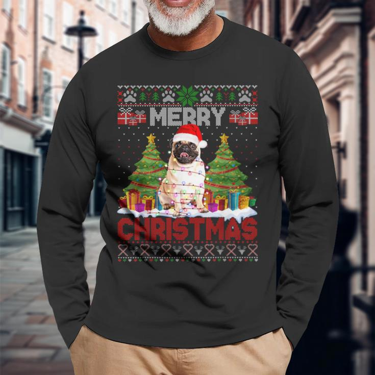 Merry Christmas Santa Light Pug Dog Family Ugly Sweater Long Sleeve T-Shirt Gifts for Old Men
