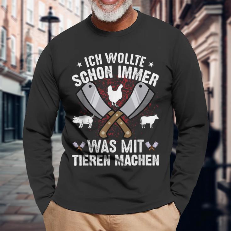 Metzger Was Mit Tieren Text In German Langarmshirts Geschenke für alte Männer