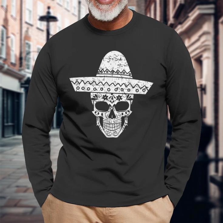 Mexican Sugar Skull Sombrero Cinco De Mayo Drink Long Sleeve T-Shirt Gifts for Old Men