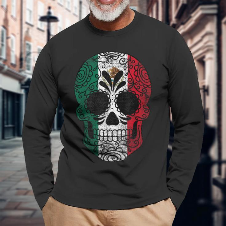 Mexico Flag Sugar Skull Mexican Vintage Long Sleeve T-Shirt Gifts for Old Men