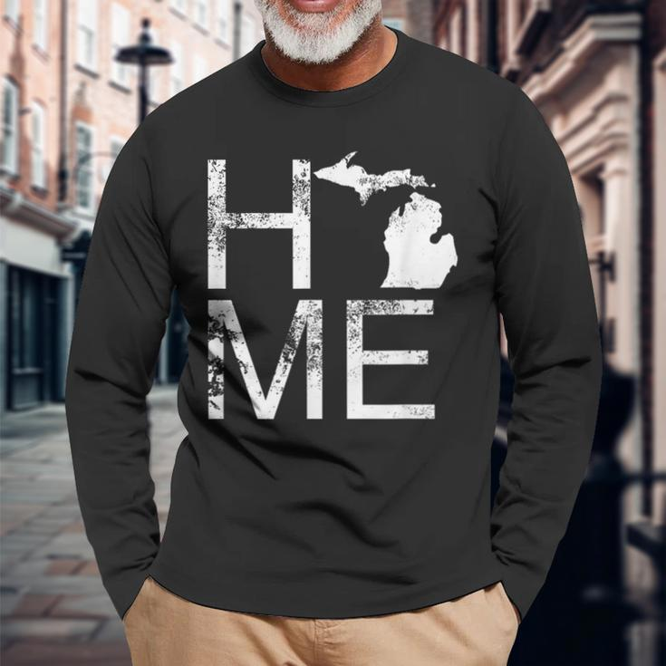 Michigan Home Mi State Love Pride Map Distressed Long Sleeve T-Shirt Gifts for Old Men