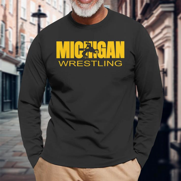 Michigan Wrestling Freestyle Wrestler Mi The Wolverine State Long Sleeve T-Shirt Gifts for Old Men