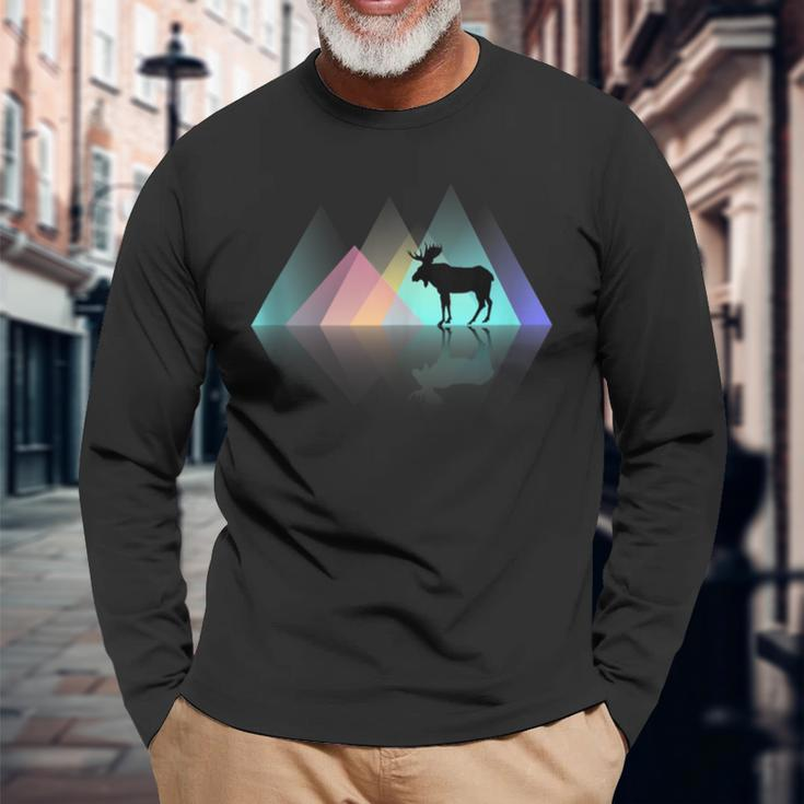 Moose Mountain Cute Colorful Geometric Pattern Silhouette Long Sleeve T-Shirt Gifts for Old Men