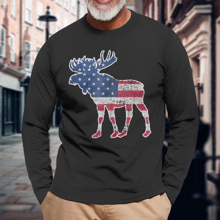 Moose Usa Flag Colorful Retro Vintage Long Sleeve T-Shirt Gifts for Old Men