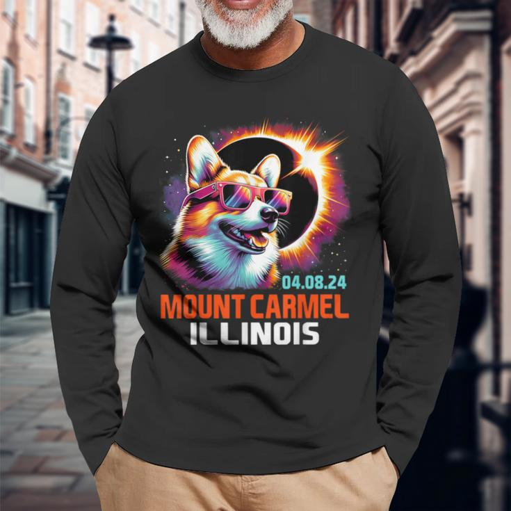Mount Carmel Illinois Total Solar Eclipse 2024 Corgi Dog Long Sleeve T-Shirt Gifts for Old Men