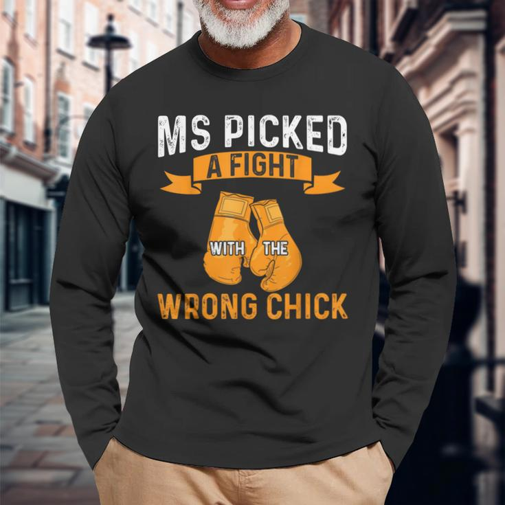 Ms Warrior Ms Picked A Fight Multiple Sclerosis Awareness Long Sleeve T-Shirt Gifts for Old Men