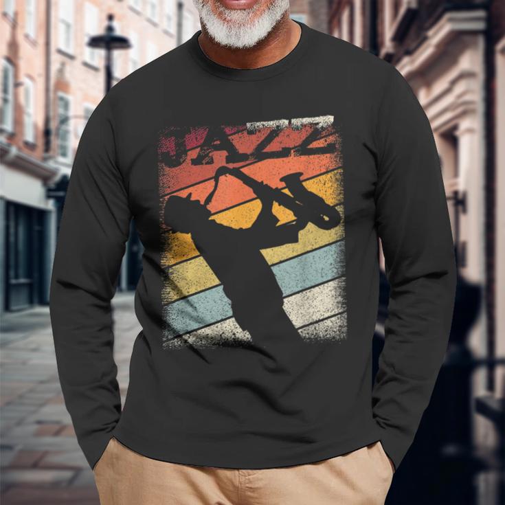 Music Retro Blues Man Plays Saxophone Jazz Long Sleeve T-Shirt Gifts for Old Men