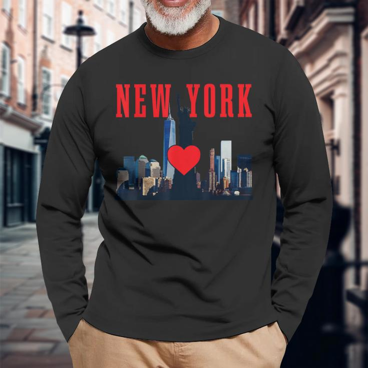 New York City Nyc Ny Skyline Statue Of Liberty Heart Long Sleeve T-Shirt Gifts for Old Men