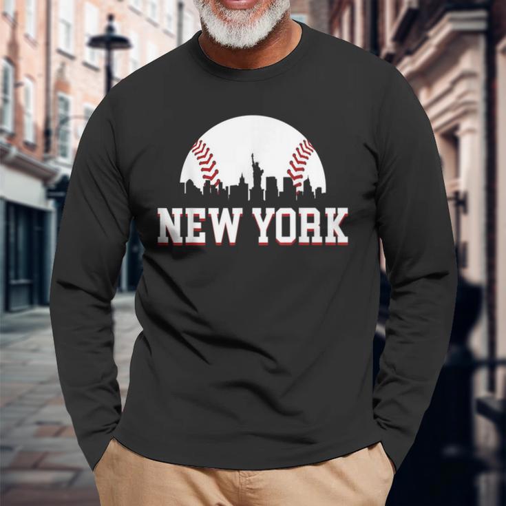 New York City Skyline Downtown Cityscape Baseball Sports Fan Long Sleeve T-Shirt Gifts for Old Men