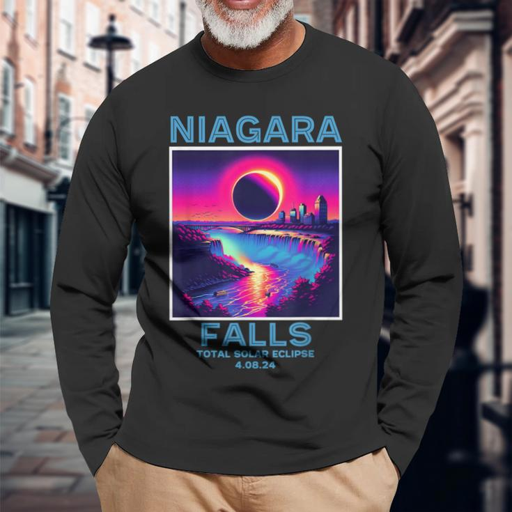 Niagara Falls Total Solar Eclipse 2024 80S New York Canada Long Sleeve T-Shirt Gifts for Old Men
