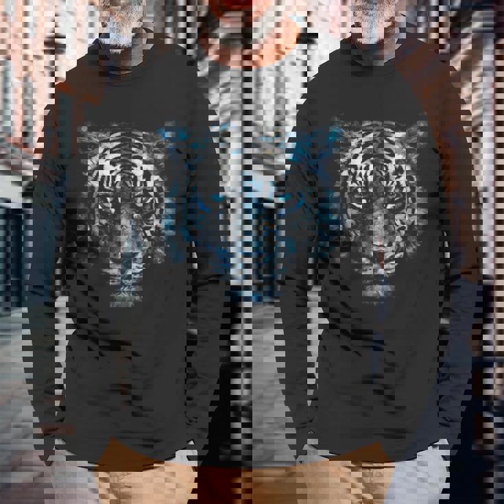 Obra De Arte De Tigre Ojos Azules Arte Animal Tigre Camiseta de manga larga Regalos para ancianos