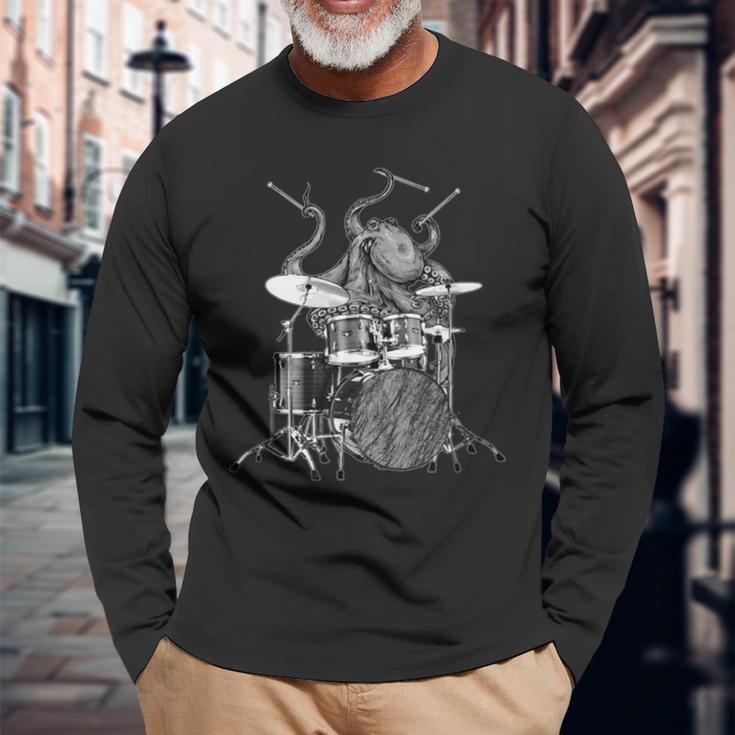 Octopus Playing Drums Drummer Ocean Creature Band Long Sleeve T-Shirt Gifts for Old Men